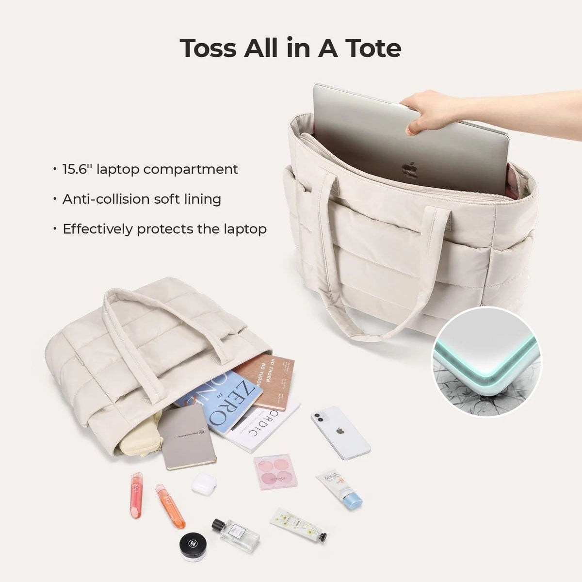 Infographic showing the tote laptop compartment and contents
