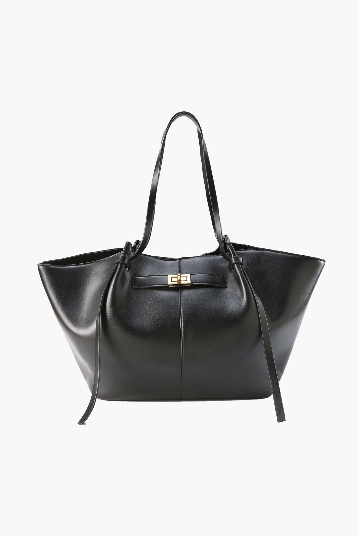 Black leather tote bag with twist-lock strap detail, front view