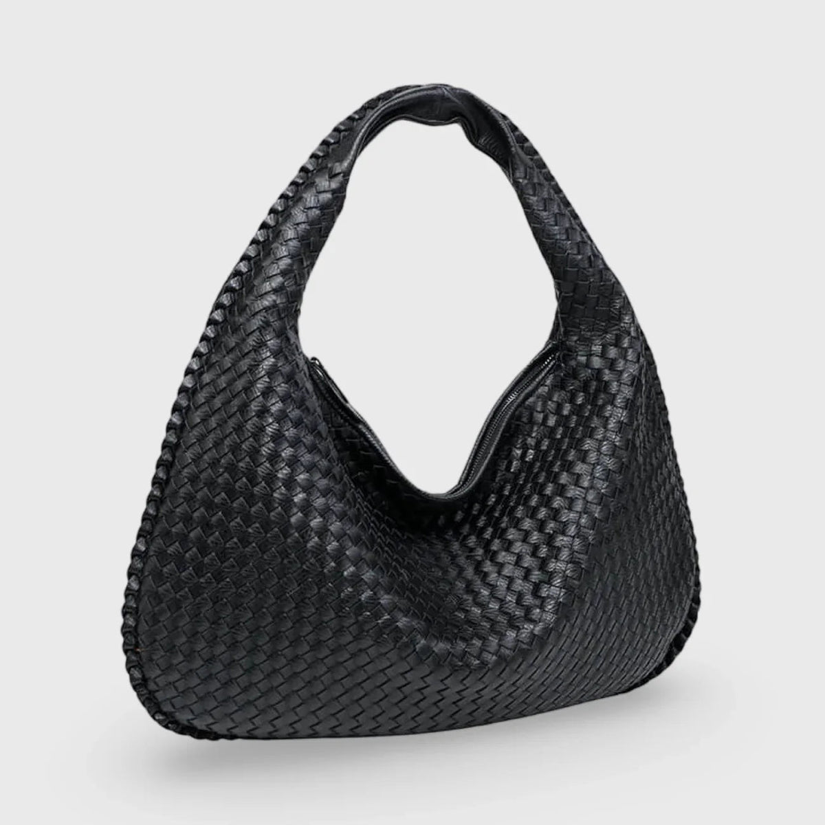 Black woven leather hobo bag, front view on plain background