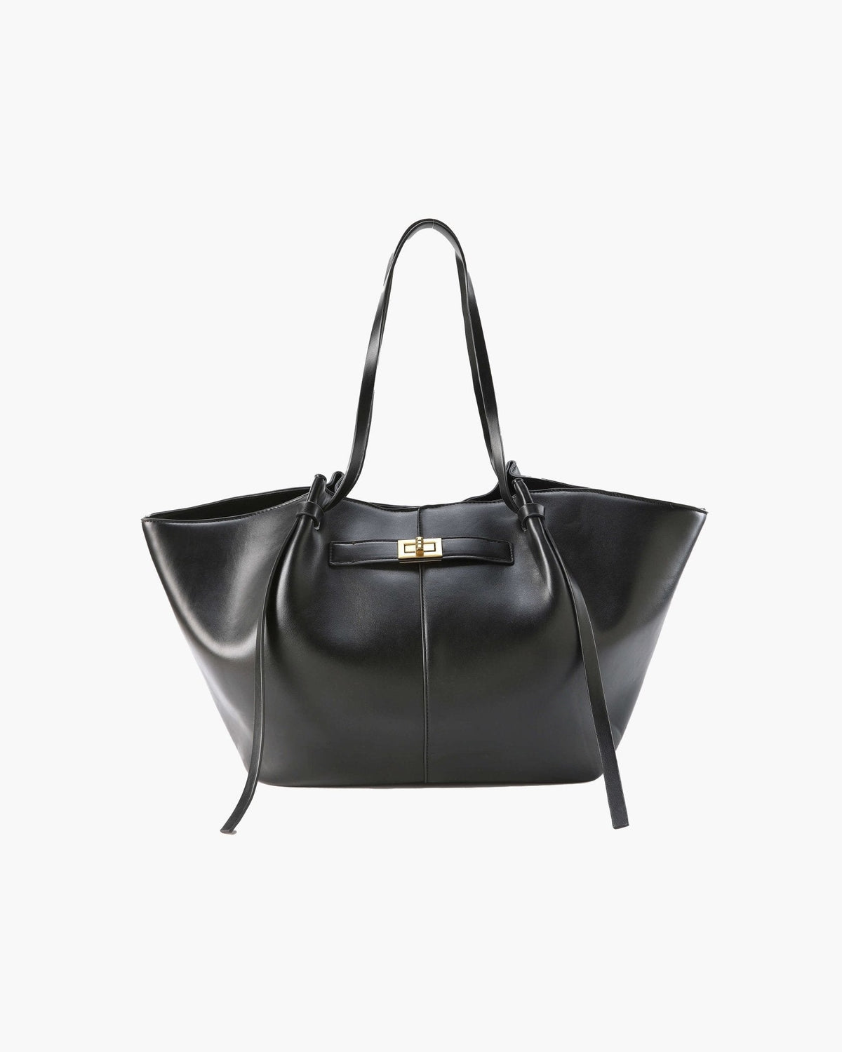 Black leather tote bag with twist-lock strap detail, front view