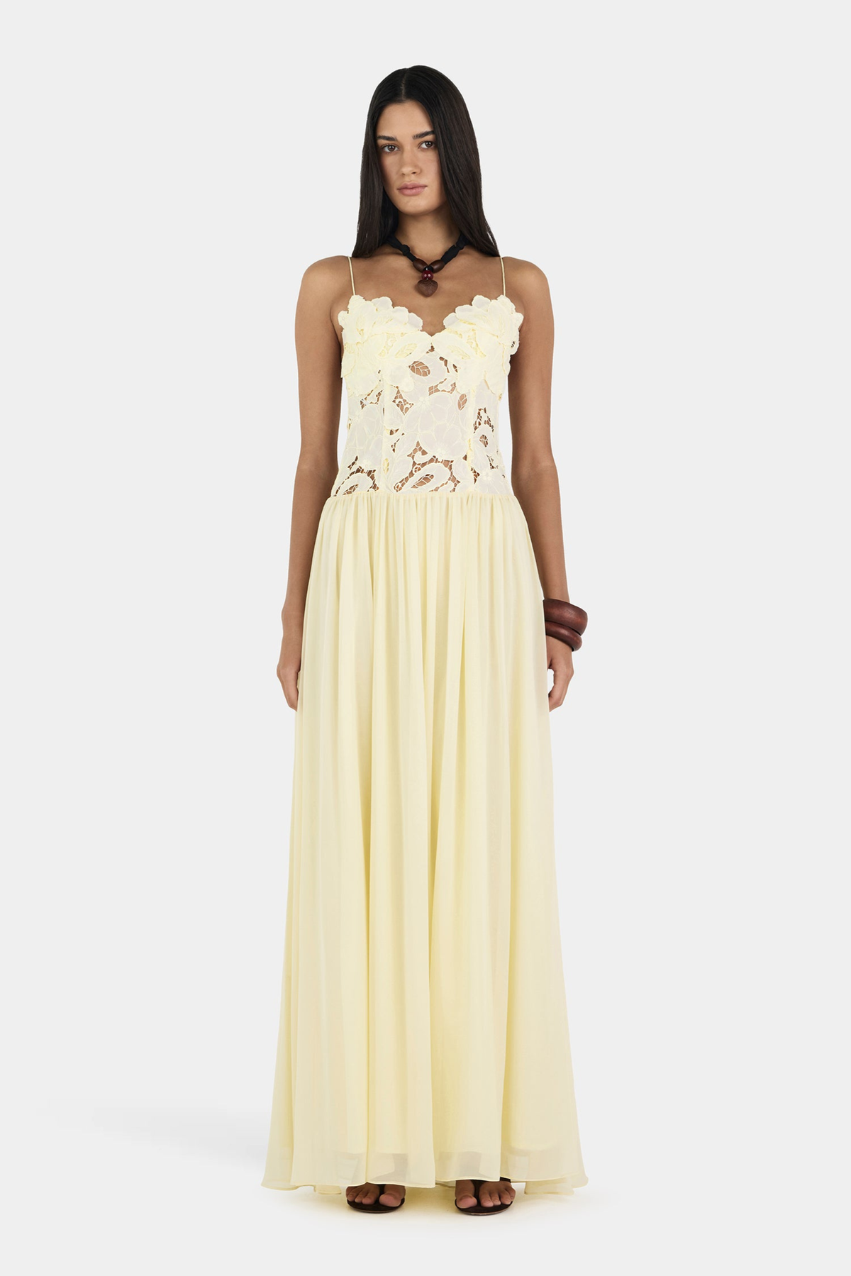 Butter lace maxi dress with scalloped bodice, front view on model