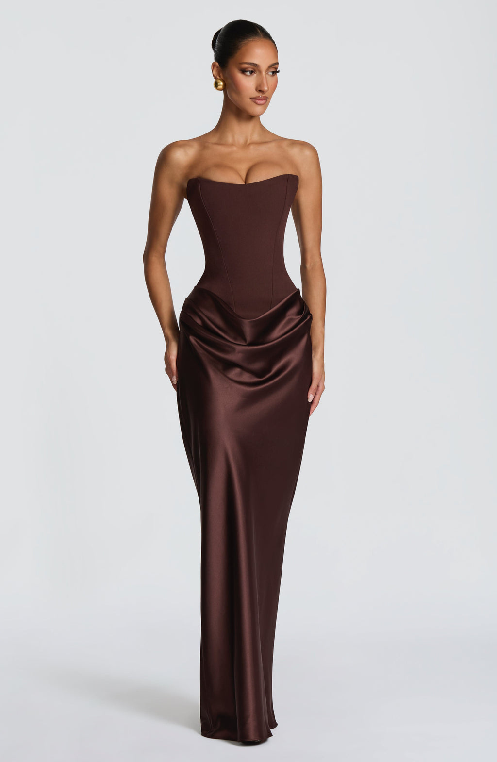 Chocolate brown strapless satin maxi dress, front view on model