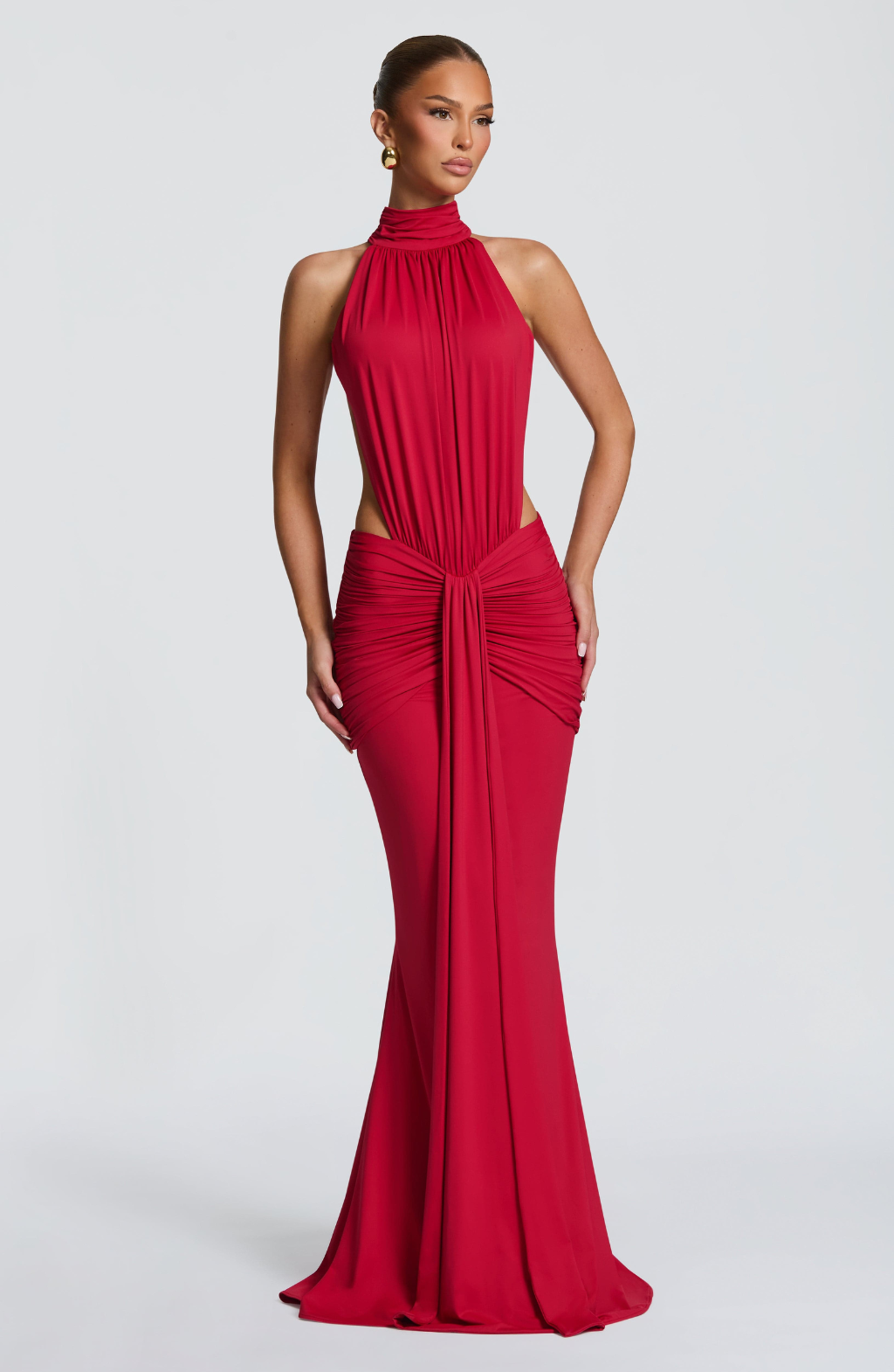 Red halter maxi dress with ruched skirt, front view on model