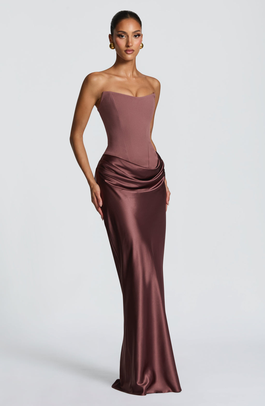 Mocha strapless satin maxi dress, three-quarter angle view on model