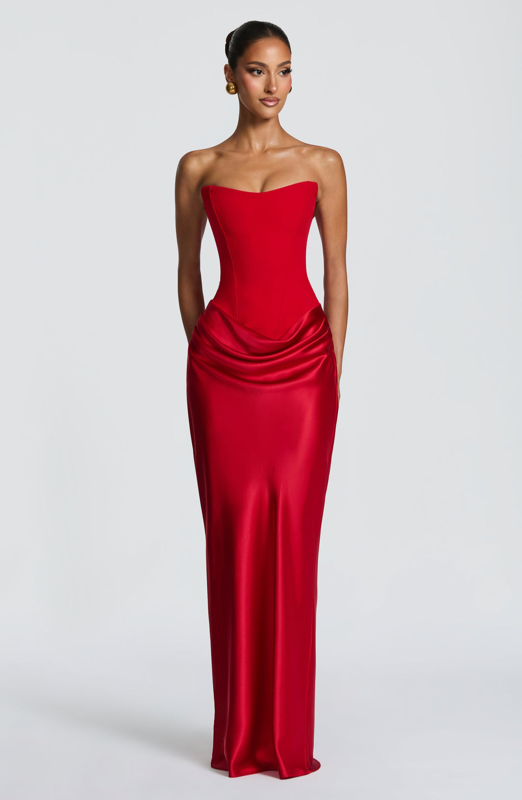 Red strapless satin maxi dress, front view on model, hands behind back
