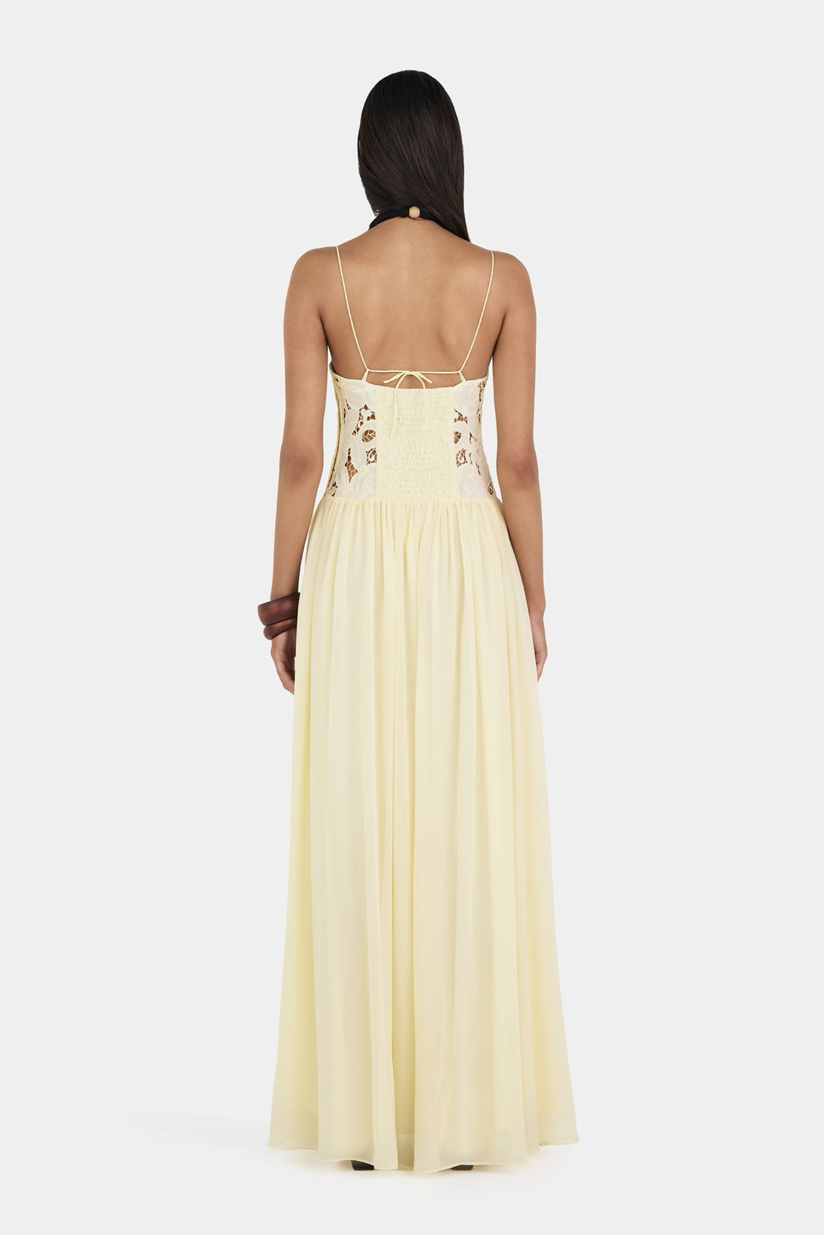 Butter lace maxi dress with tie-back bodice, back view on model