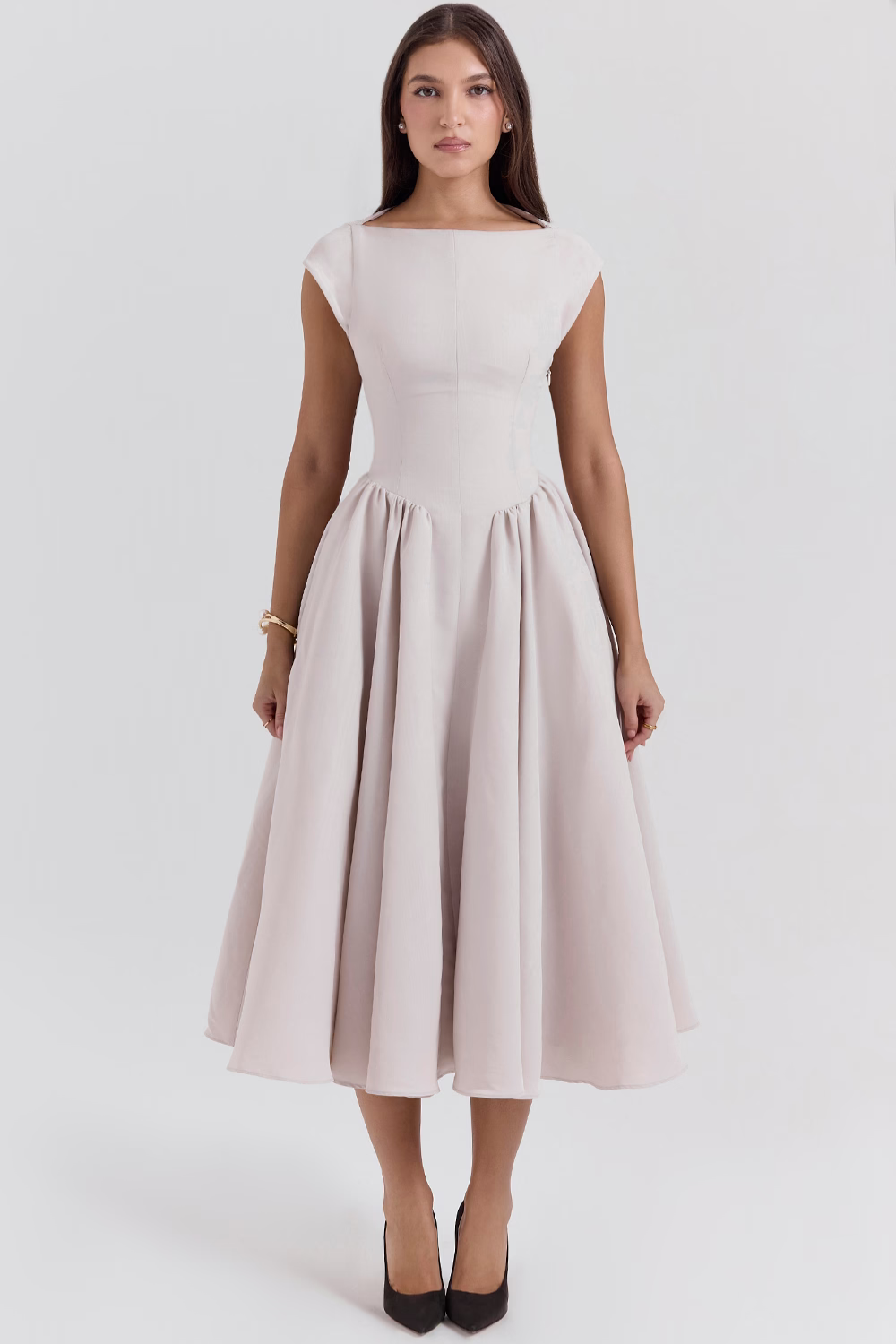 French dove grey full-skirt midi dress, front view on model