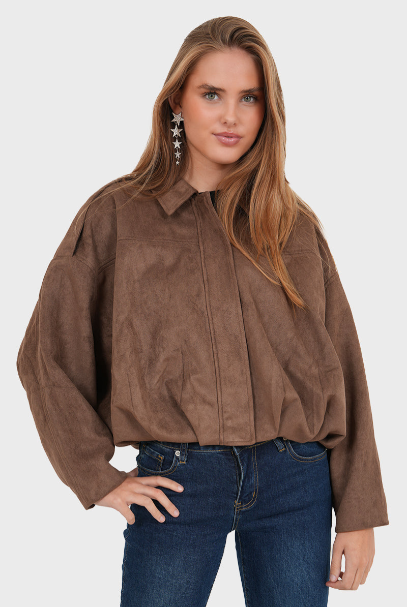 Coffee brown suede bomber jacket, front view on model