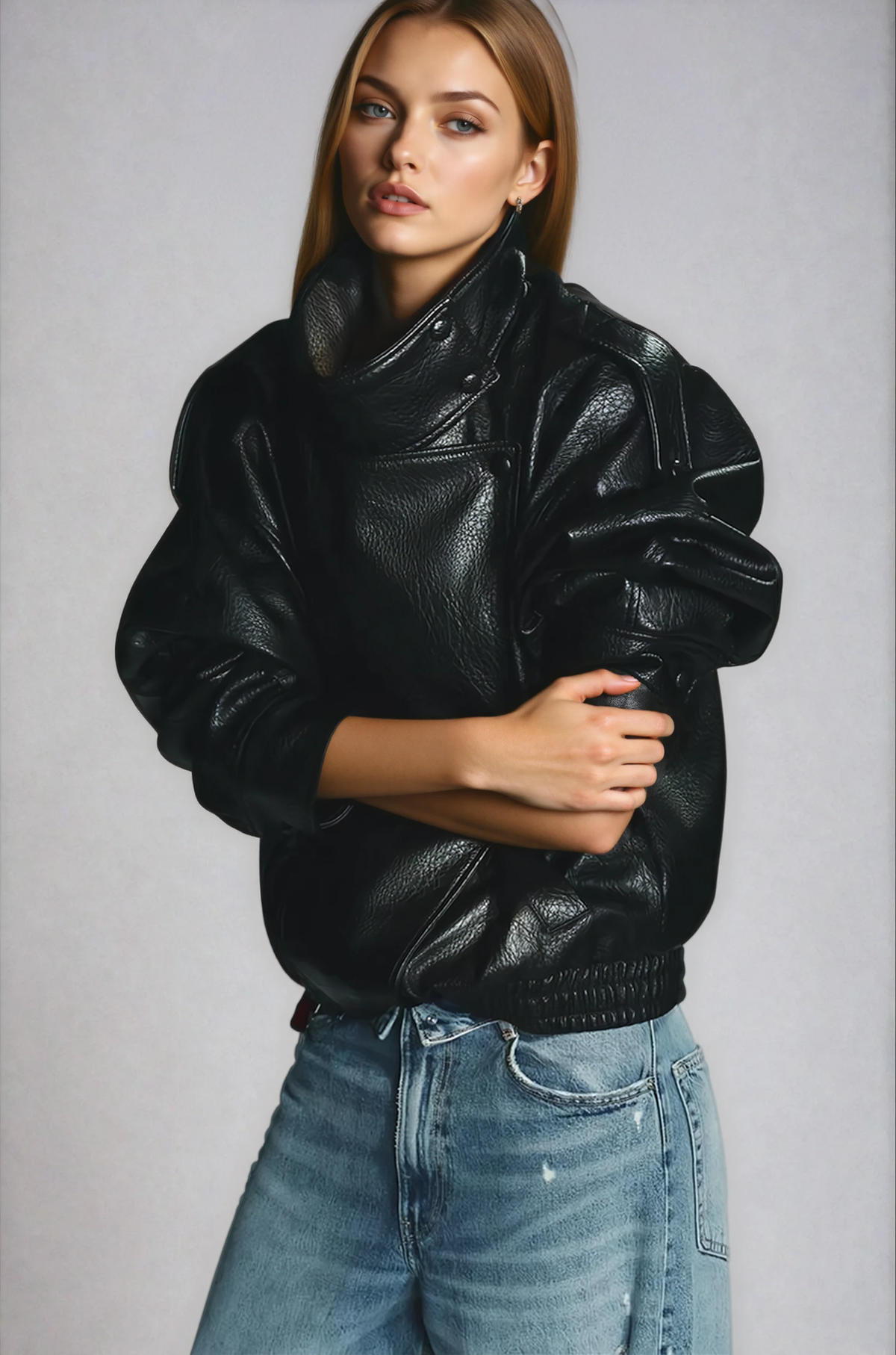 Close-up of black leather jacket collar on model