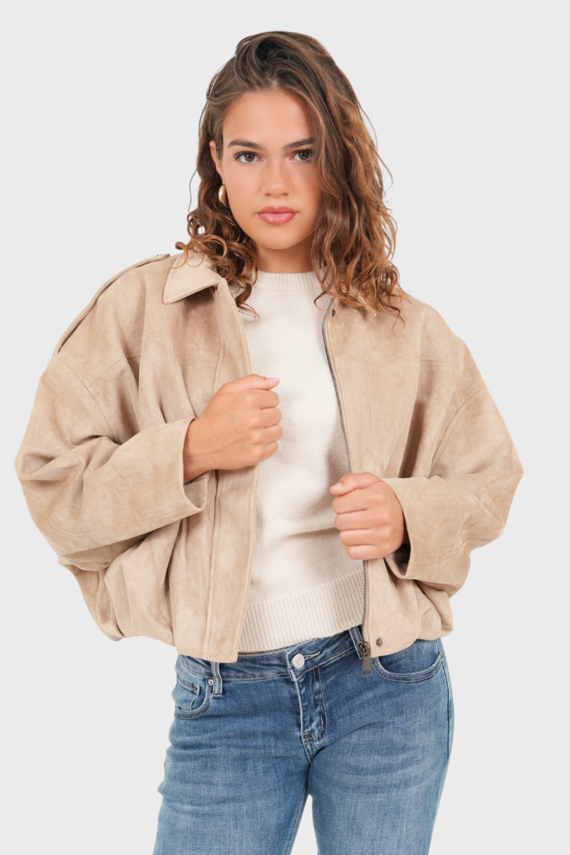 Beige suede bomber jacket, front view on model