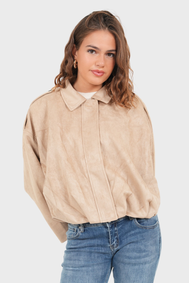 Beige suede bomber jacket, front view close-up on model