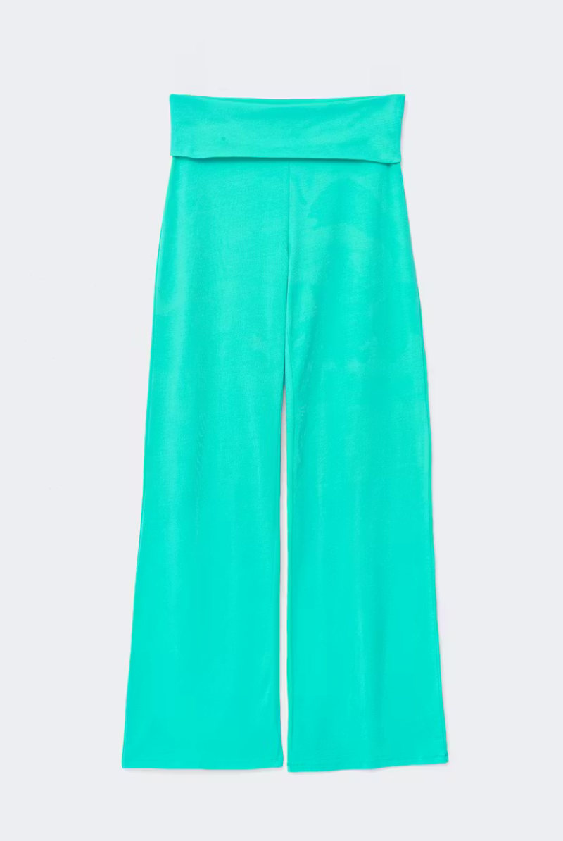 Teal fold-over waist trousers, flat lay product shot