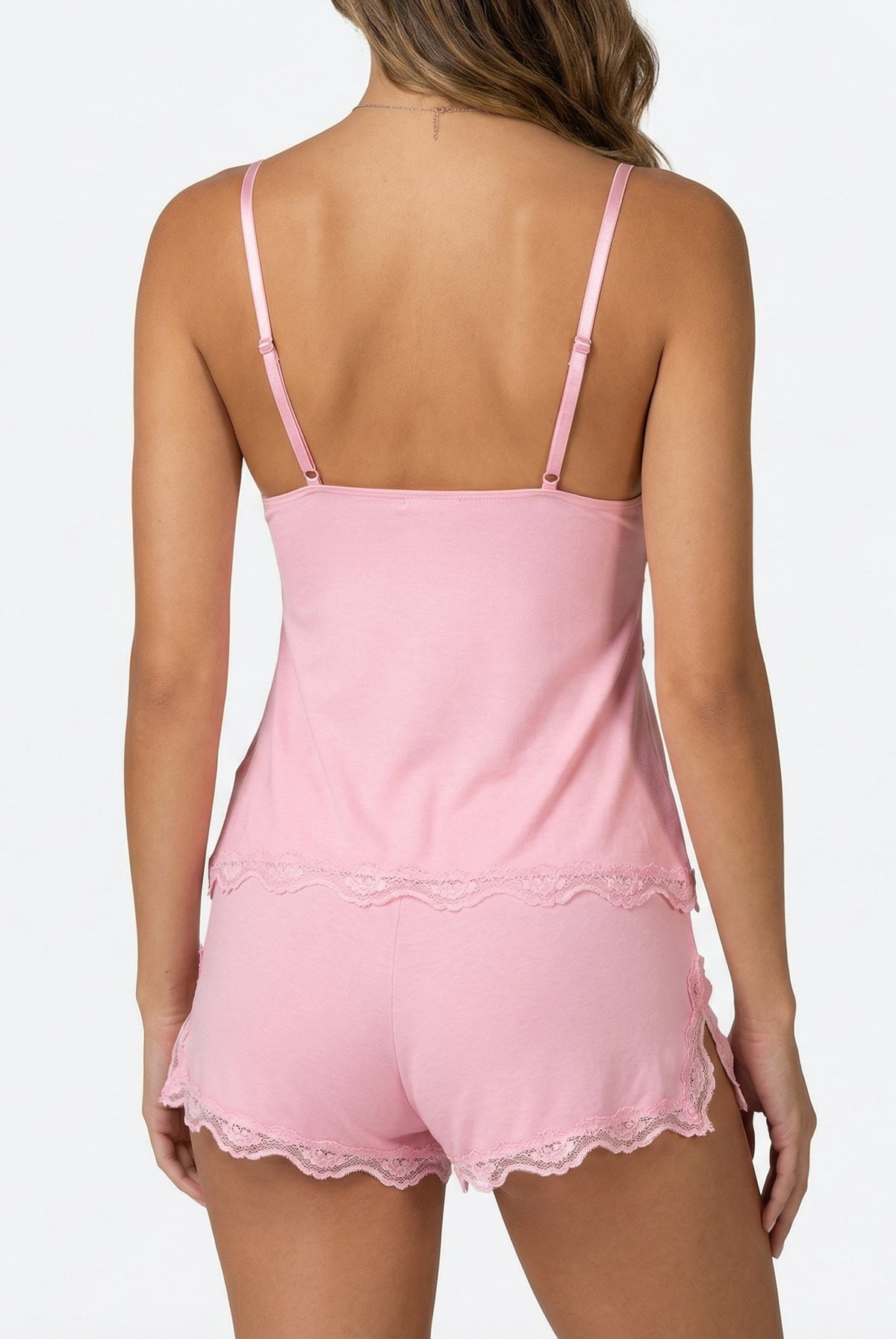Back view of soft pink lace-trim cami and shorts pyjama set