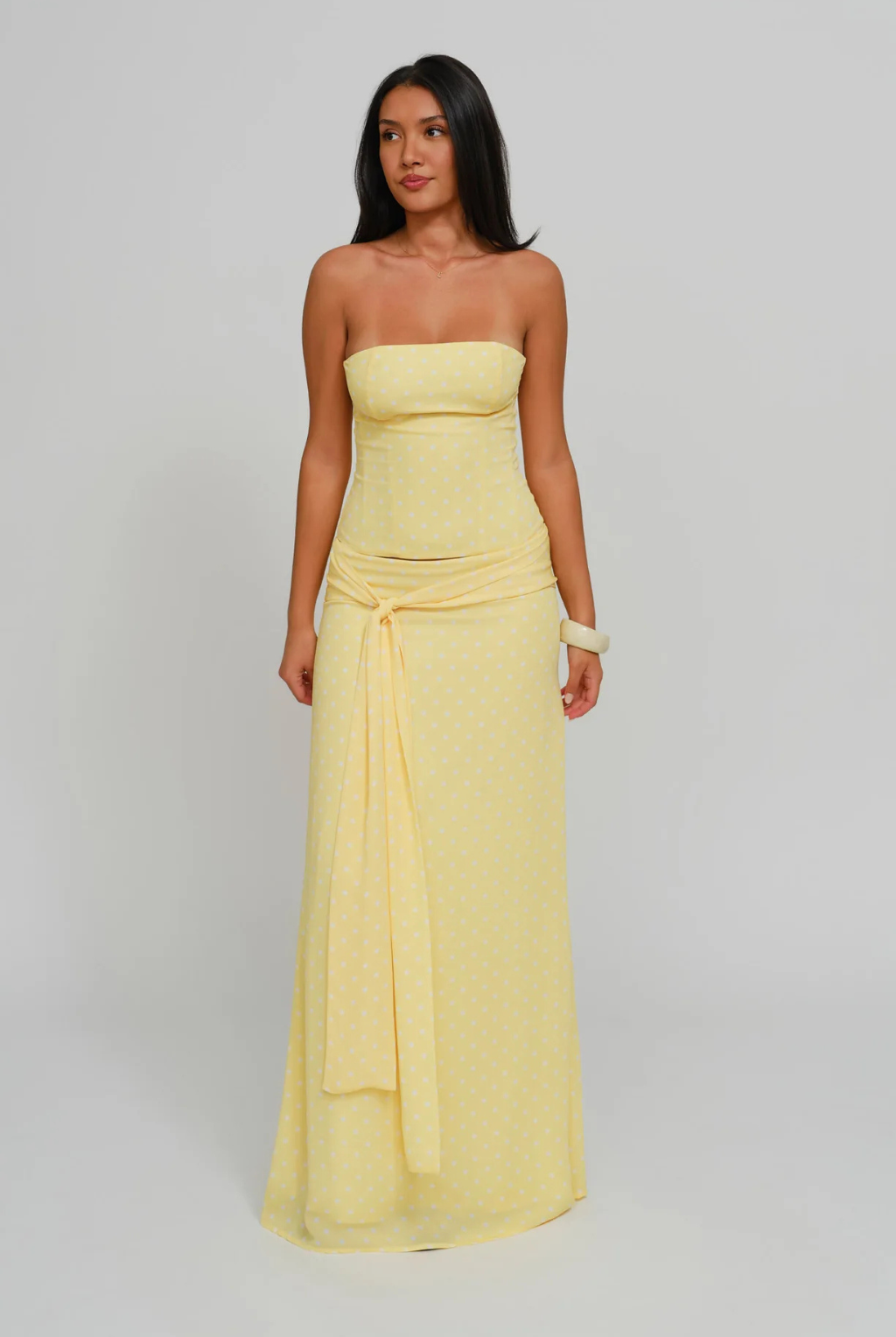 Lemon dot corset top and wrap maxi skirt, front view on model