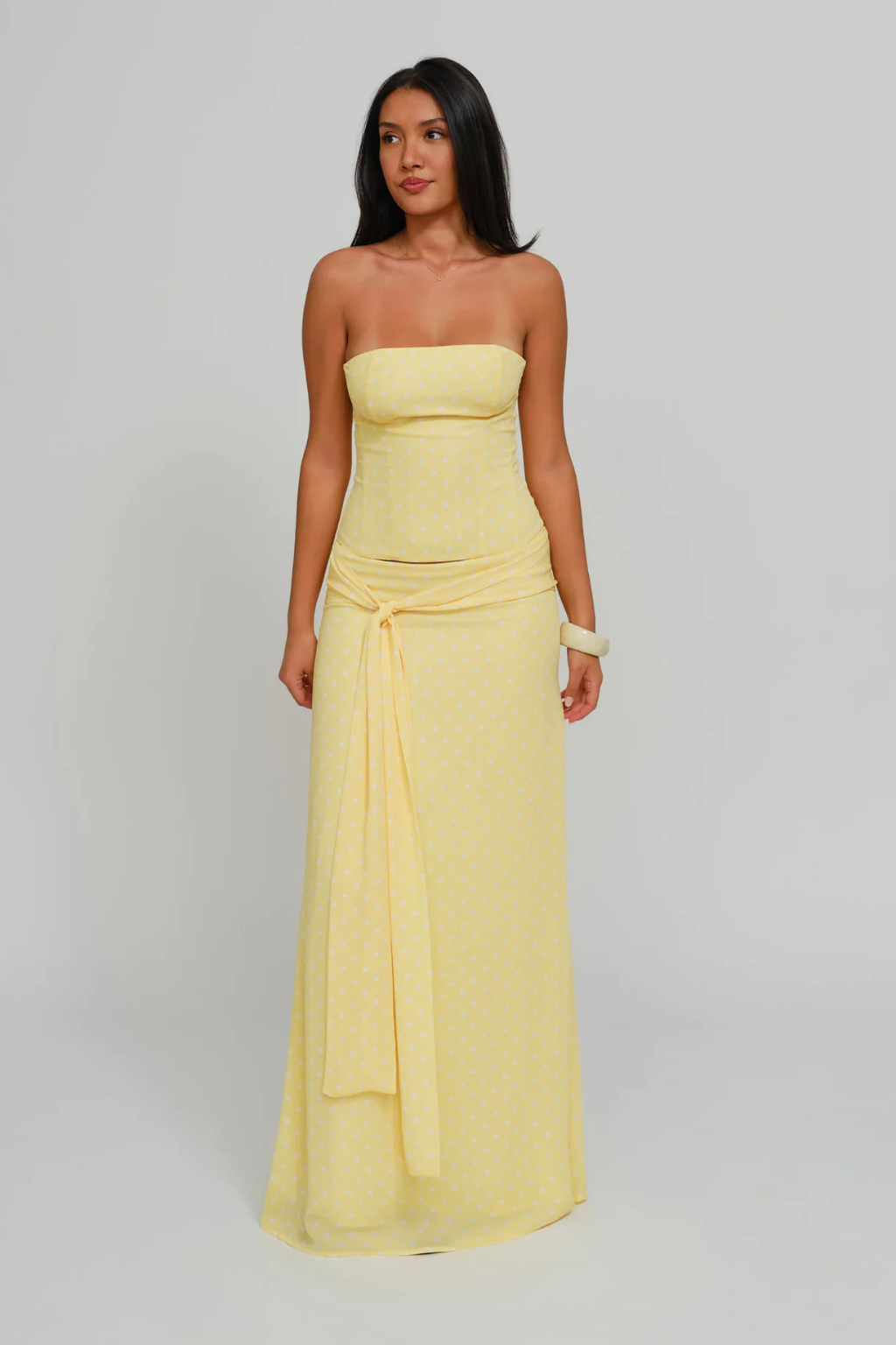 Lemon dot corset top and wrap maxi skirt, front view on model