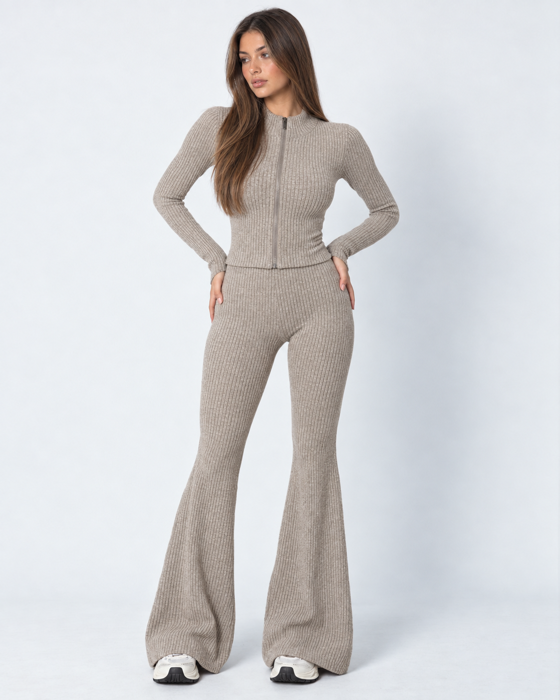 Zipped Lips Ribbed Cardigan Set – 8