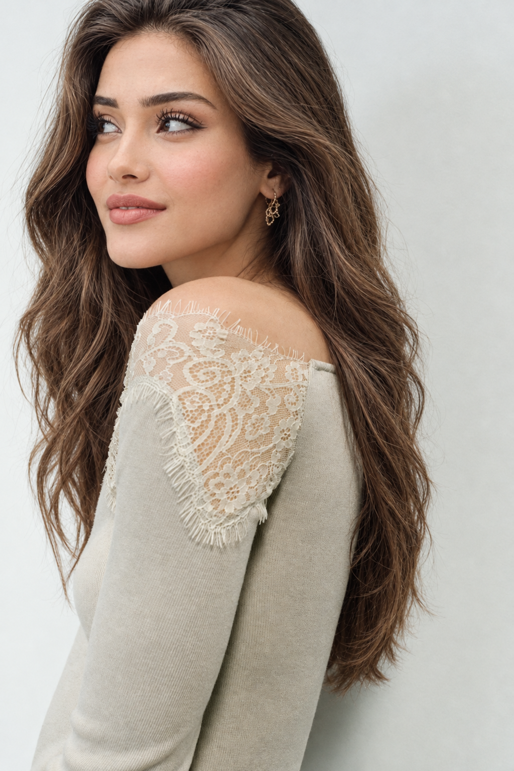 Beige asymmetric lace top, lace shoulder detail