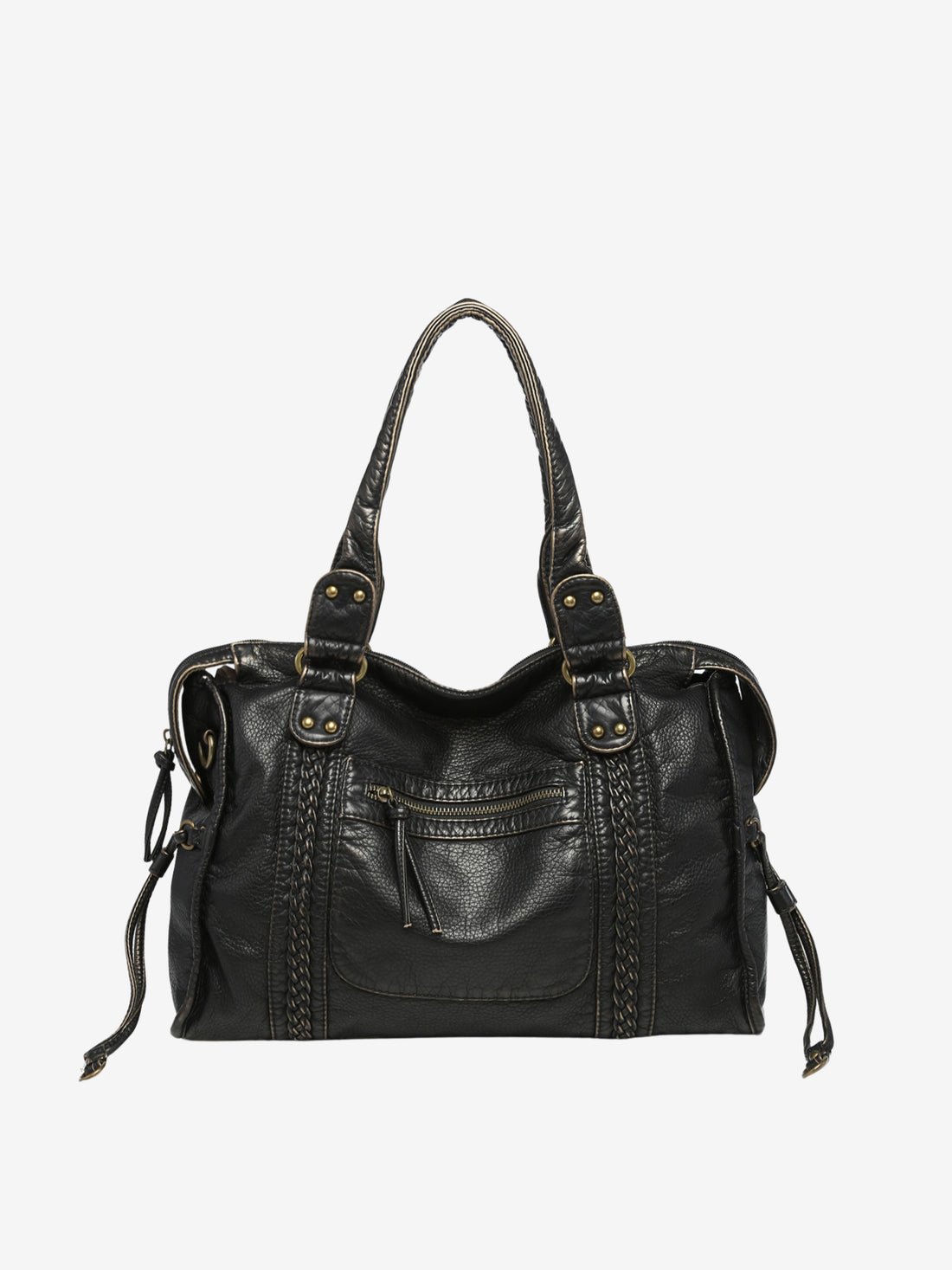 Black vintage-style weave bag with braided trim and studs, front view