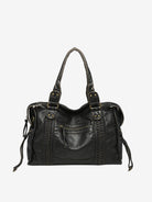 Black vintage-style weave bag with braided trim and studs, front view