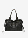Black vintage-style weave bag with braided trim and studs, front view