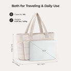 Size and capacity infographic for the beige puffer tote bag