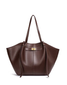 Chocolate brown leather tote bag with twist-lock strap detail, front view