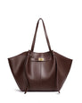 Chocolate brown leather tote bag with twist-lock strap detail, front view