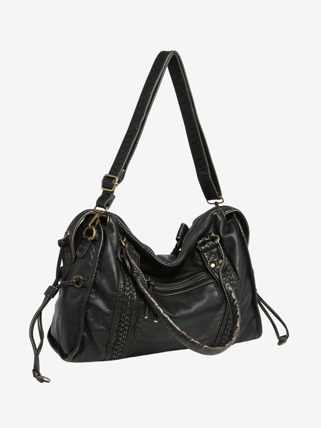 Black vintage-style weave bag with crossbody strap, angled view