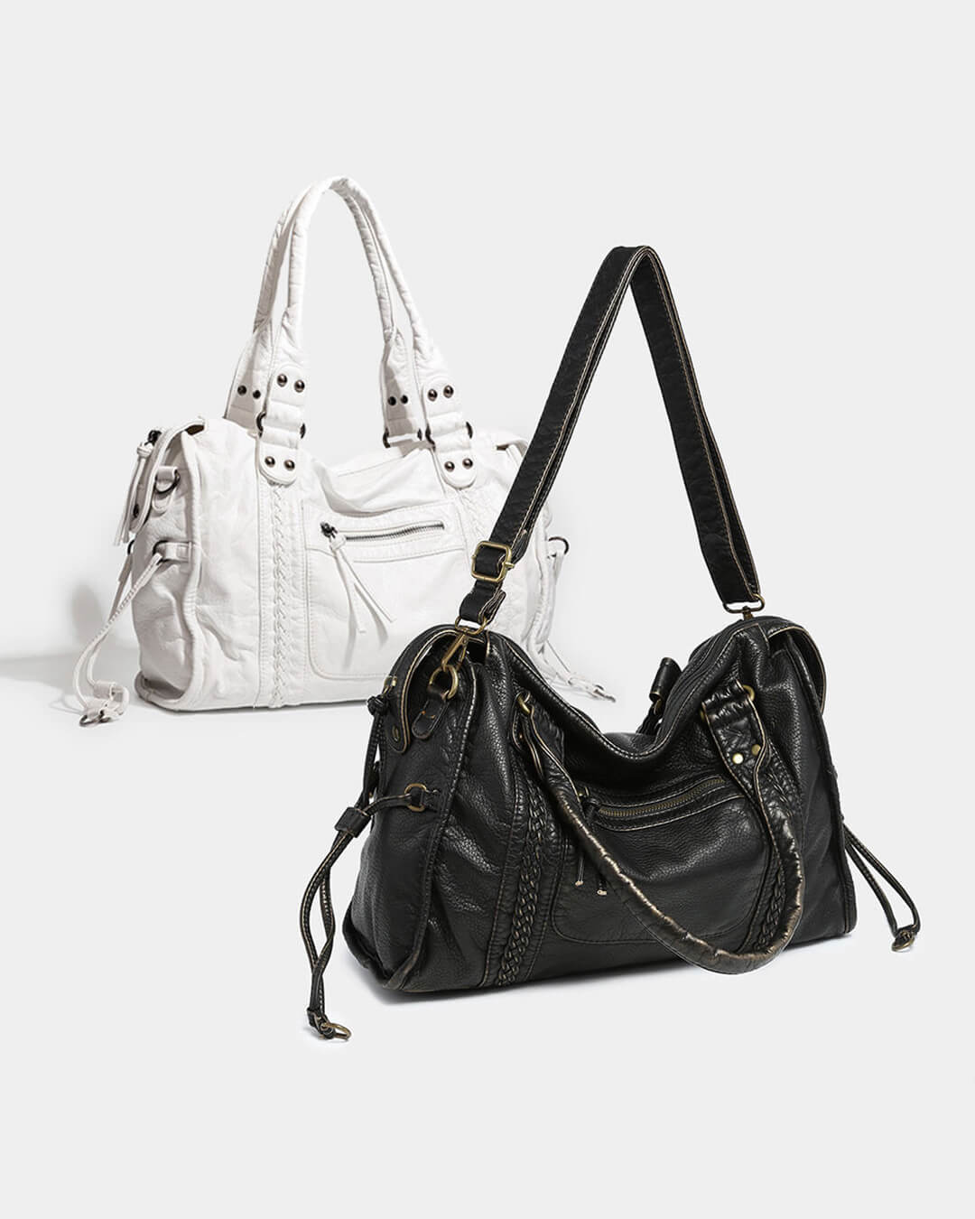 Vintage-style weave bag shown in black and white colour options