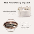 Infographic showing the pockets and interior of the beige tote