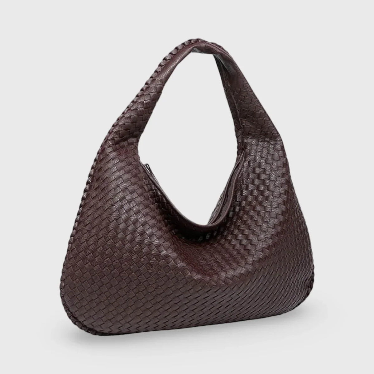 Chocolate brown woven leather hobo bag, front view on plain background