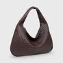 Chocolate brown woven leather hobo bag, front view on plain background