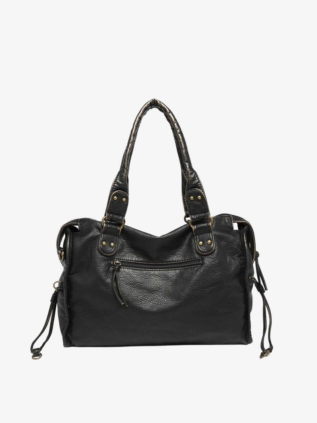 Black vintage-style weave bag, back view on plain background