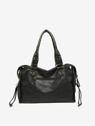 Black vintage-style weave bag, back view on plain background