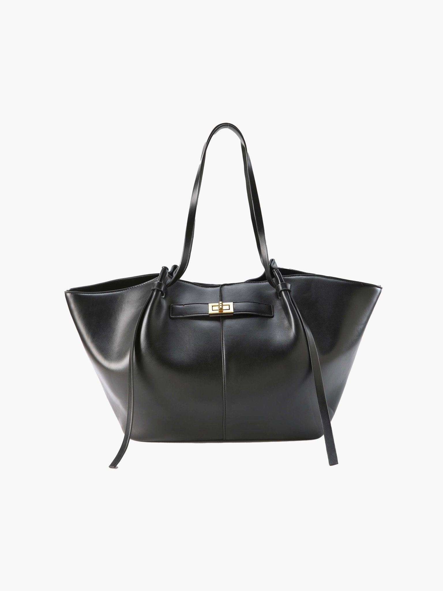 Black leather tote bag with twist-lock strap detail, front view