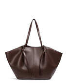 Dark brown leather tote bag with knotted strap detail, front view