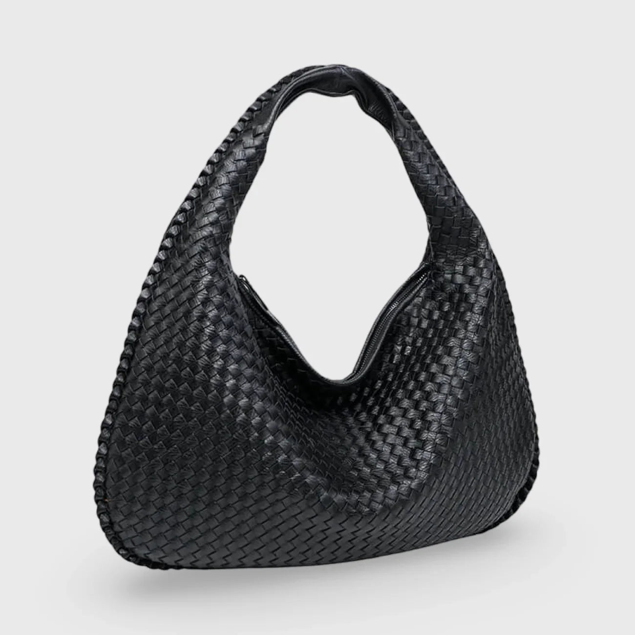 Black woven leather hobo bag, front view on plain background