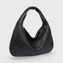 Black woven leather hobo bag, front view on plain background