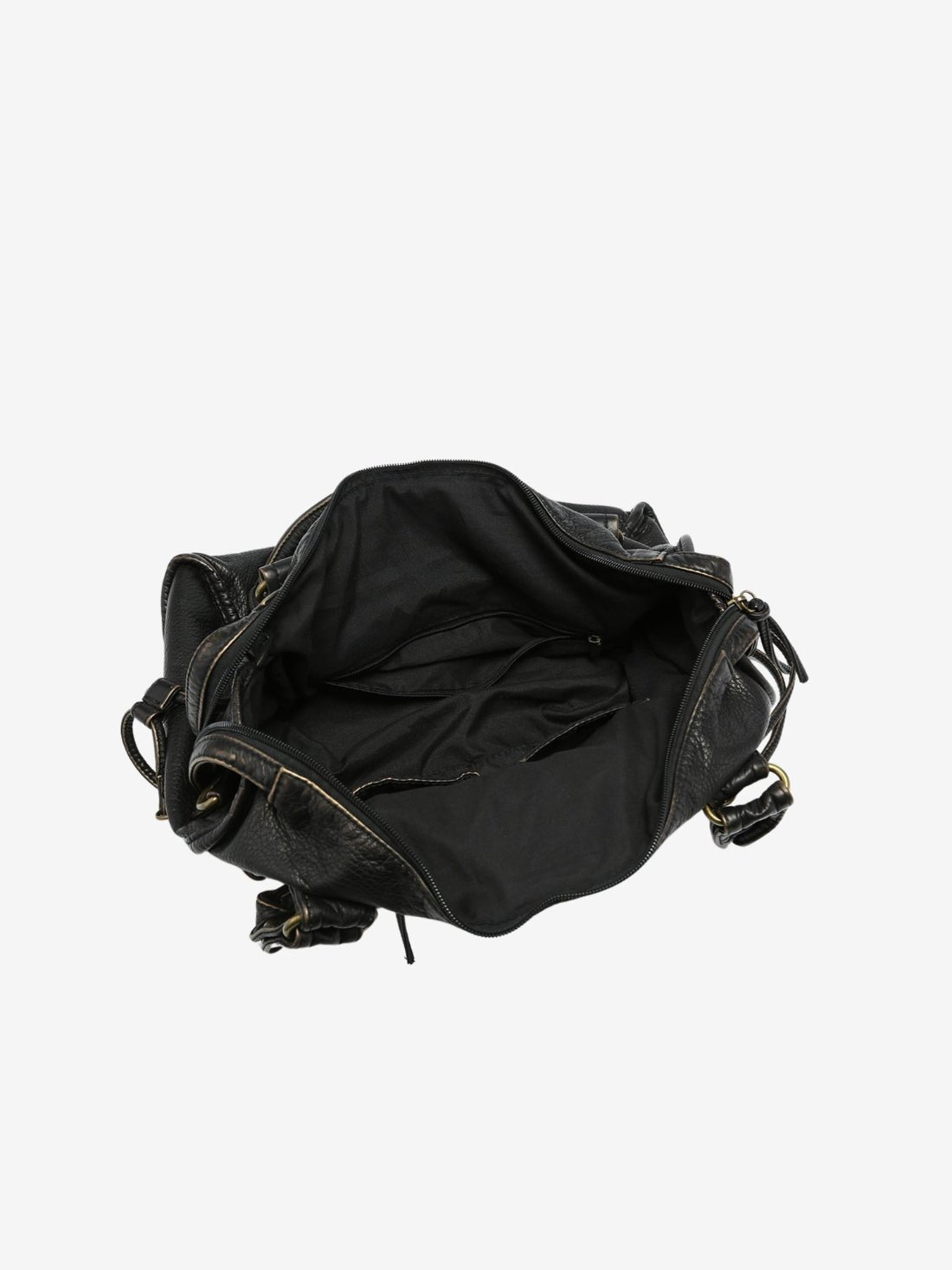 Black vintage-style weave bag open showing interior lining, top-down view
