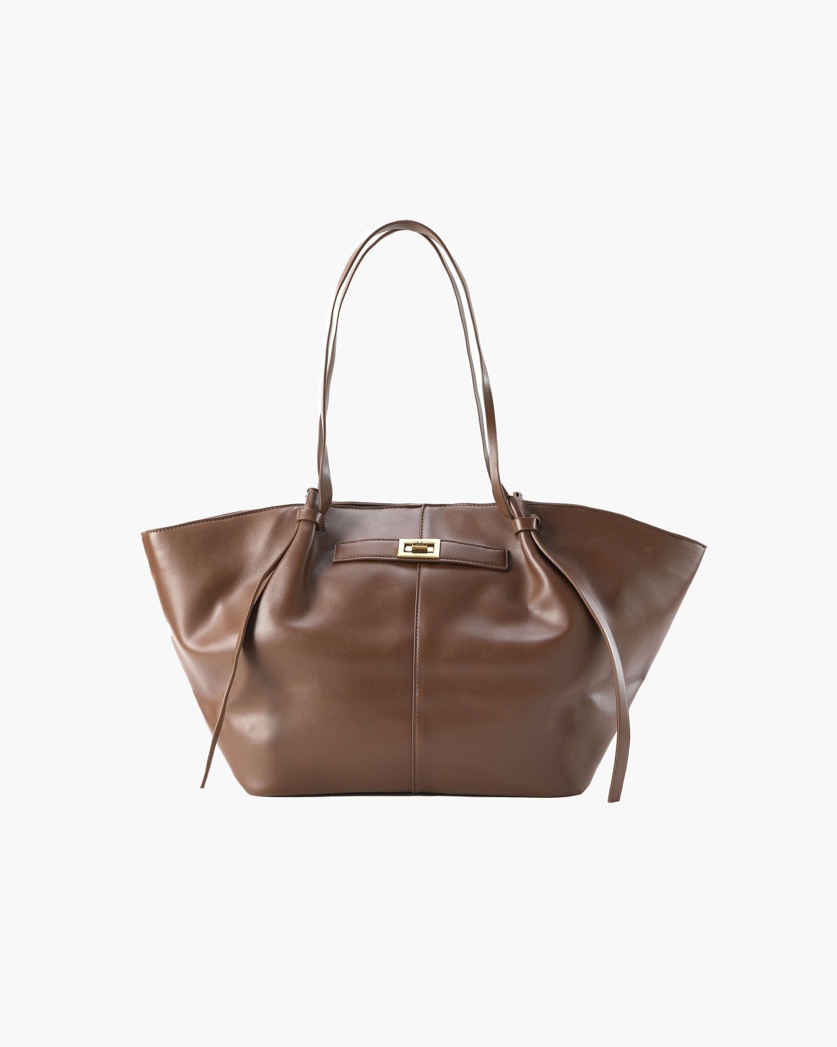 Coffee brown leather tote bag with twist-lock strap detail, front view