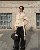 Sand short trench coat with belt loose, front view on model