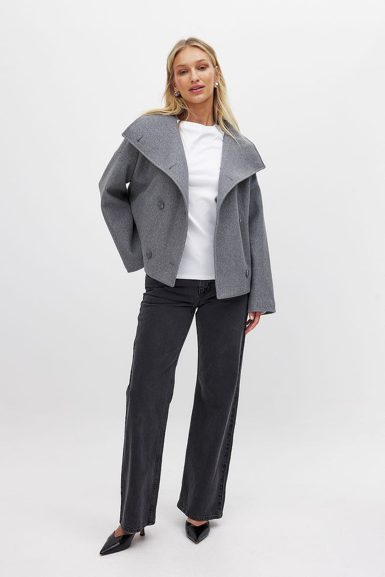 Grey double-breasted cropped coat, full-length front view open