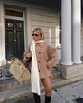 Beige oversized coat with cream scarf and tote, front view on model