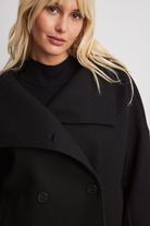 Close-up of black double-breasted coat collar on model