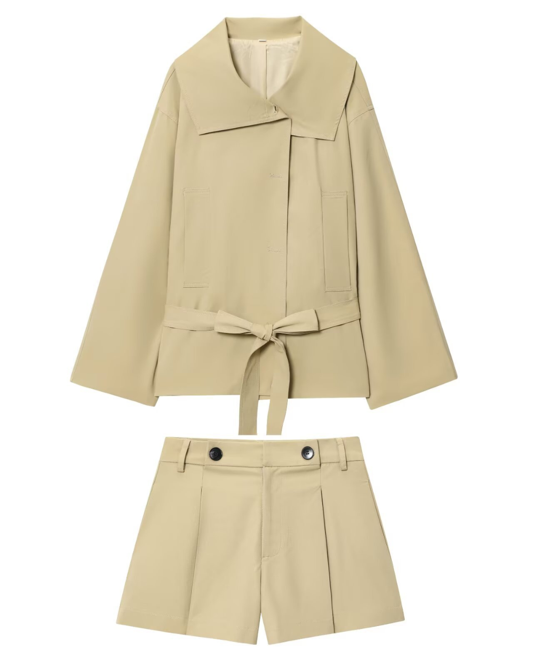 Flat lay of beige belted trench jacket and matching shorts set
