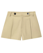Flat lay of beige tailored shorts with button waistband