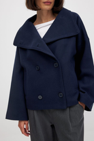 Close-up of navy double-breasted coat button placket