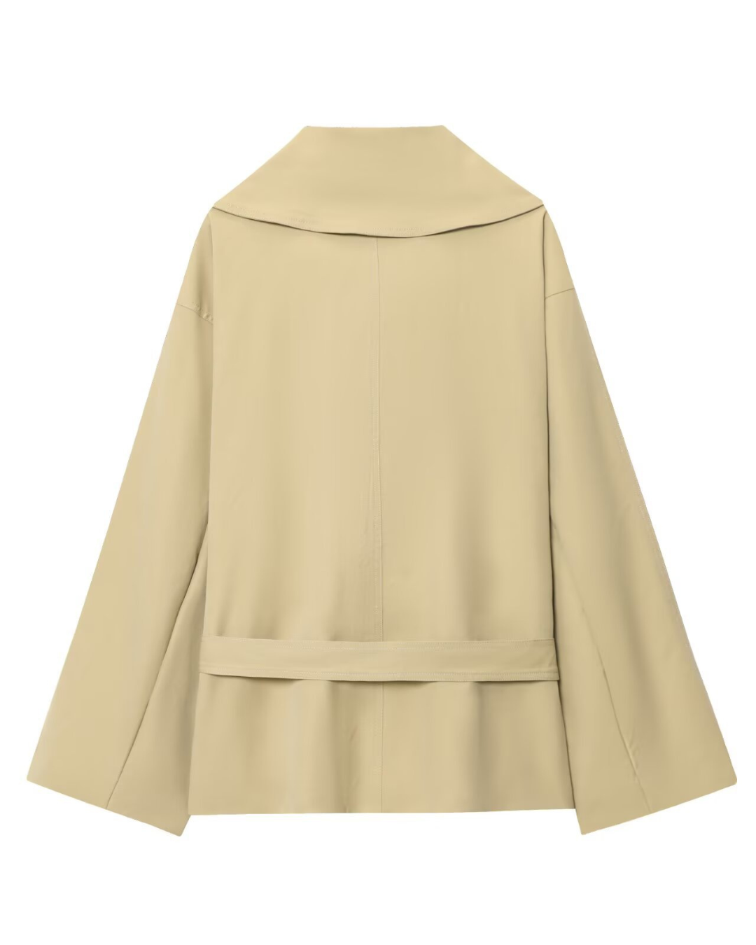 Flat lay of beige belted trench jacket, back view