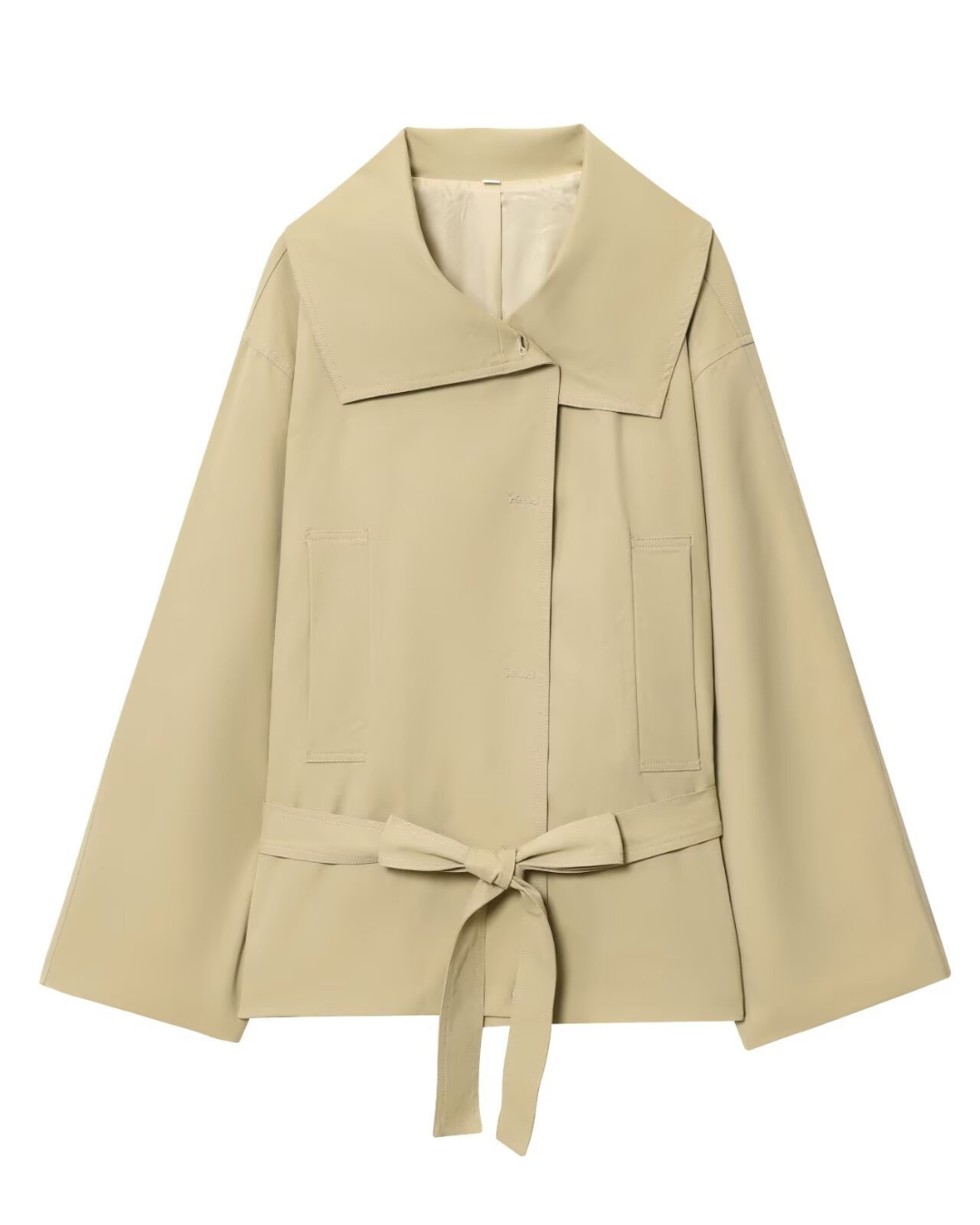 Flat lay of beige belted trench jacket