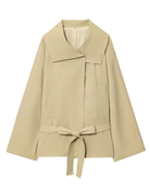 Flat lay of beige belted trench jacket